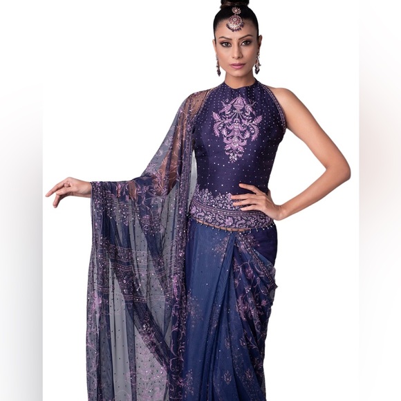 Sari & Corset two piece set. Dark purple & lilac contrast pattern. NWOT - Picture 3 of 7